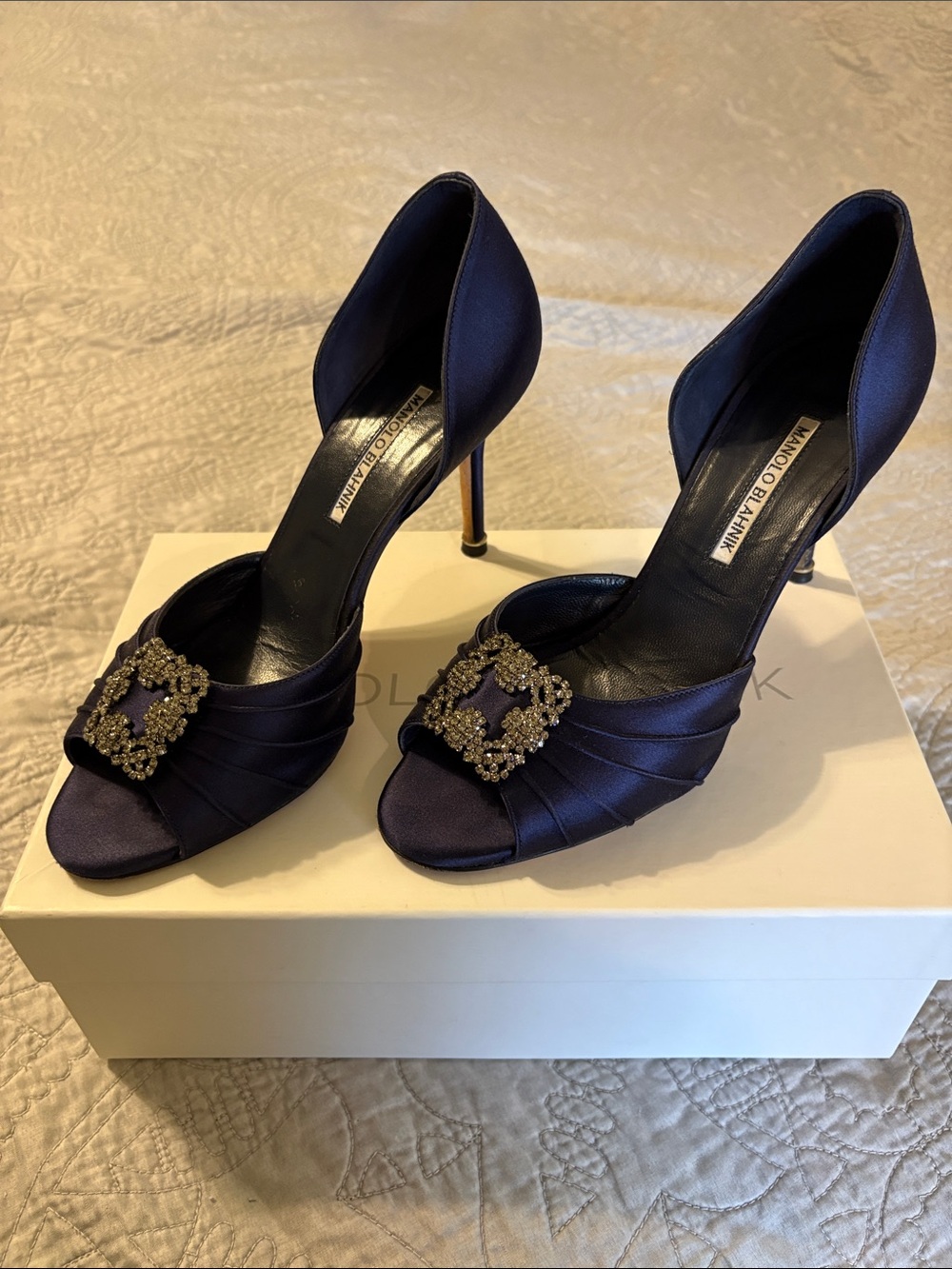 Manolo Blahnik Deep Navy Satin Crystal-Buckled D'Orsay Heels